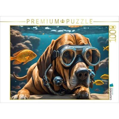 CALVENDO Puzzle Bluthund Pluto mit Schwimmbrille beim Tauchen | 1000 Teile Lege-Größe 64x48cm Foto-Puzzle für glückliche Stunden