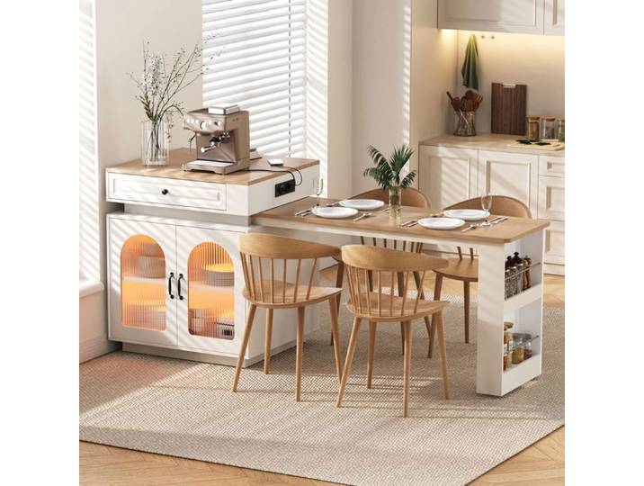 Table à manger extensible avec LED ilot central cuisine sur roulettes avec blocs multiprises Table Haute Blanc