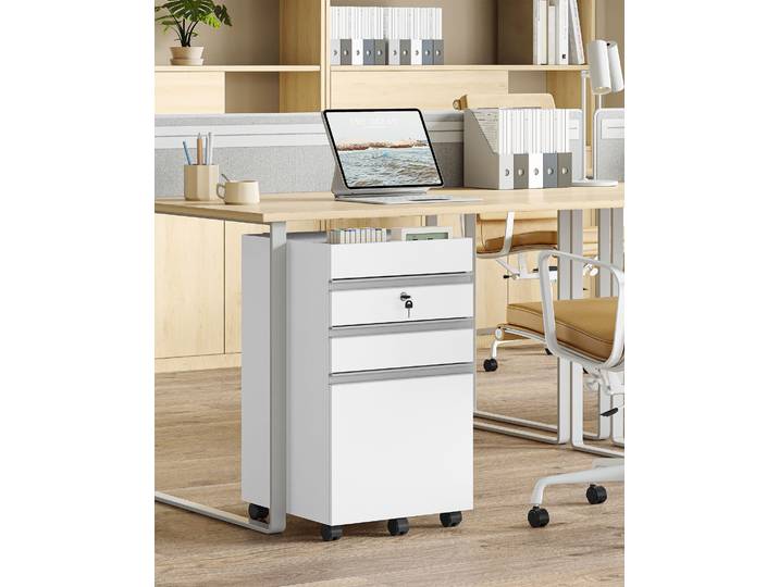 Socle mobile, classeur, armoire de bureau verrouillable avec 3 tiroirs, espace de rangement supplémentaire sur le dessus, lettre, pour bureau, blanc