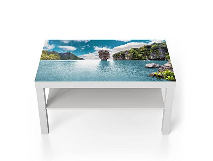DEQORI Glastisch weiß groß 90x50 cm Motiv Paradiesisches Thailand ausgefallener Beistelltisch aus Glas Hochglanz Couchtisch fürs Wohnzimmer moderner Couch Tisch mit Design