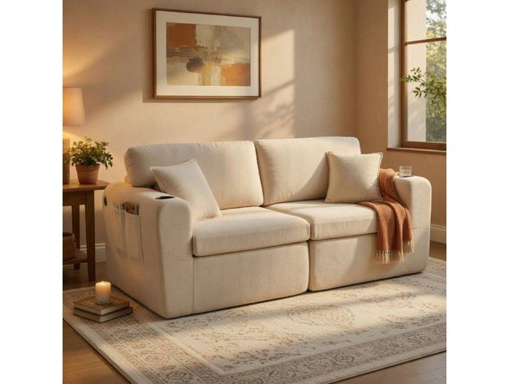 CollaHausse Canapé Relax 2 Places Chenille Beige Pochette Latérale et Porte-Boisson