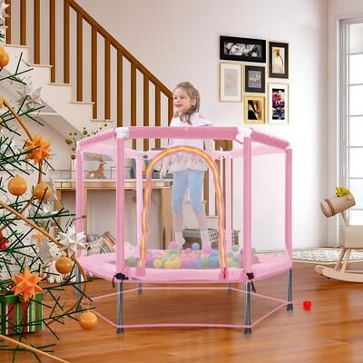 Kodotan sofa 55'' Toddlers Trampoline with Safety Enclosure Net and Balls, Indoor Outdoor Mini Trampoline for Kids