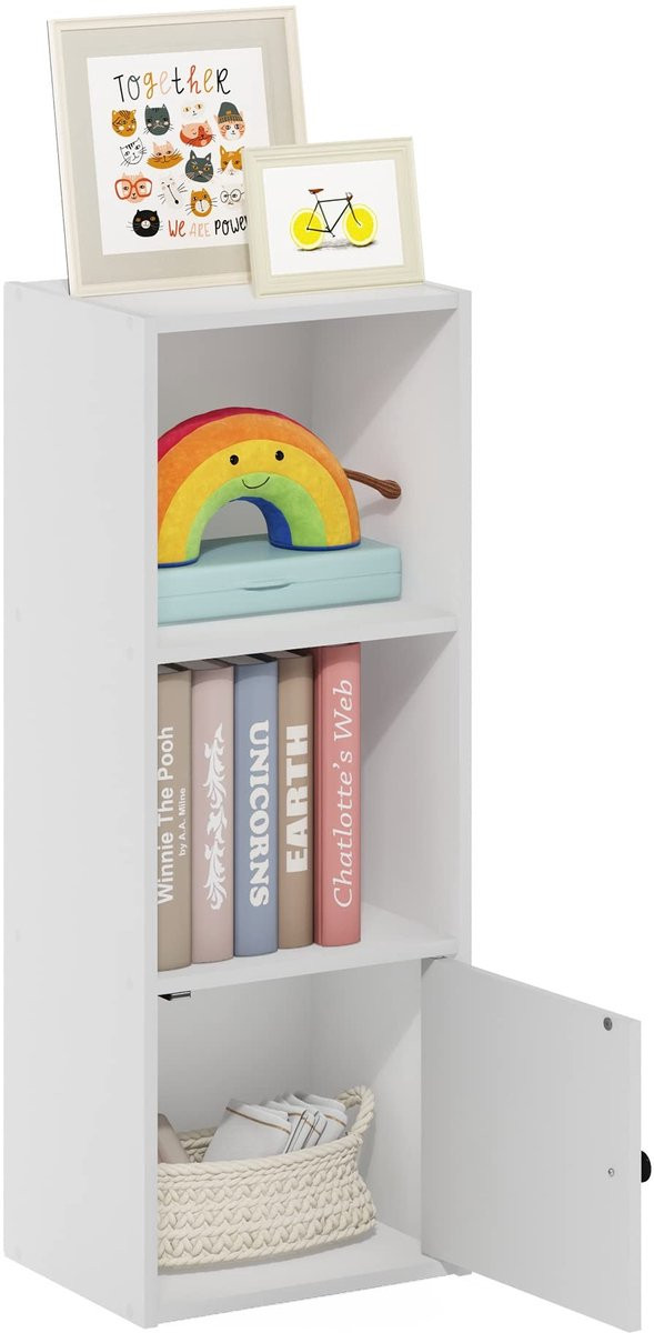 Merkloze 3-laagse boekenkast met deurtje en opbergruimte