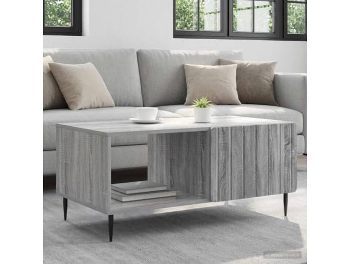 TEKGHUT Couchtisch Grau 90x50x40 cm Holzwerkstoff mit Metallbeinen Rechteckig, modernes Design, viel Stauraum, schicke Rückseite, schwarze Metallbeine, pflegeleichte Oberfläche