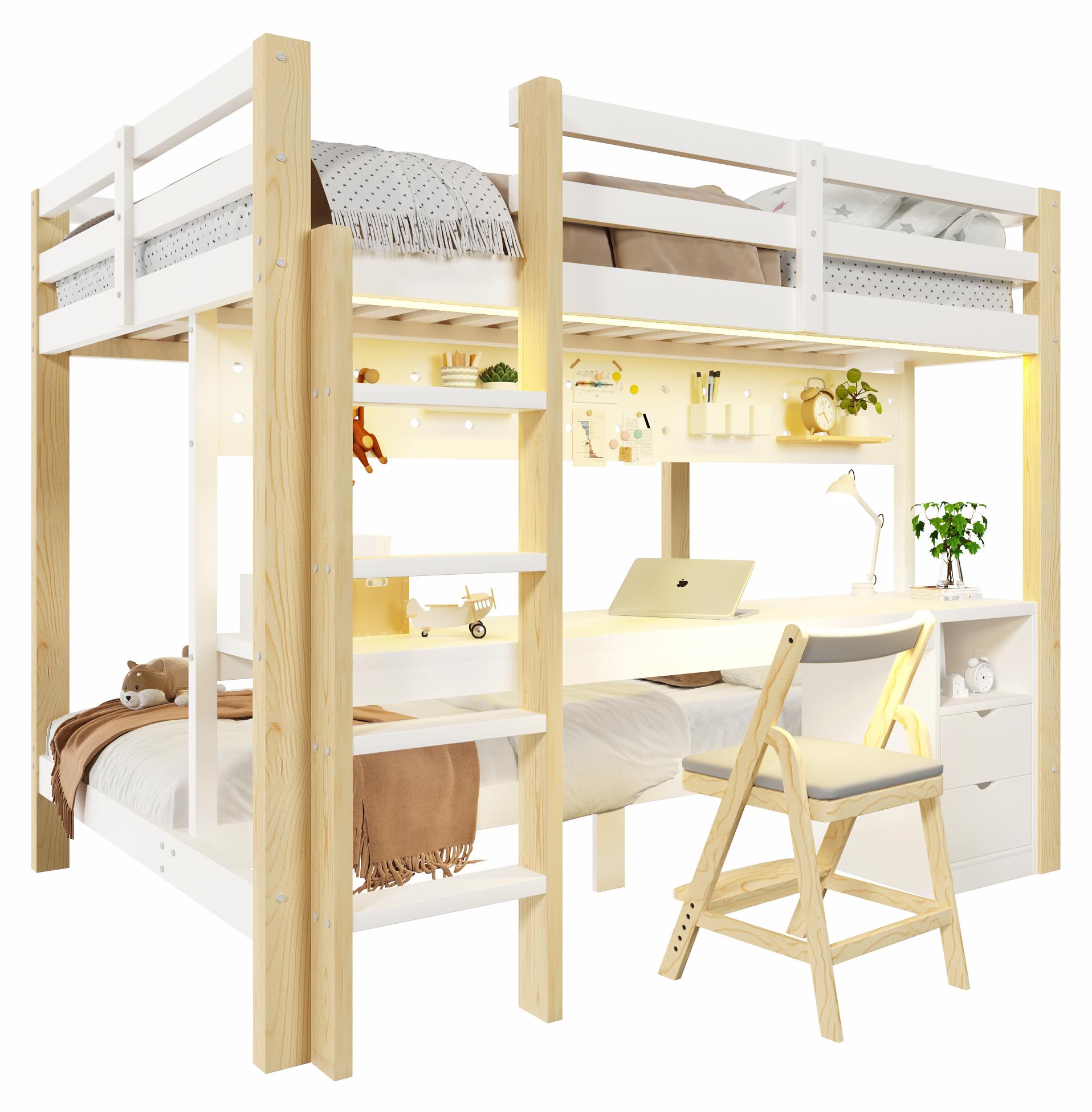 Etagenbett mit Schreibtisch, LED-Beleuchtung, Lattenrost, Wandgitter, Schubladen, Trittleiter und Regal, 140x200 cm/90x200 cm, Kinderbett, Kiefer