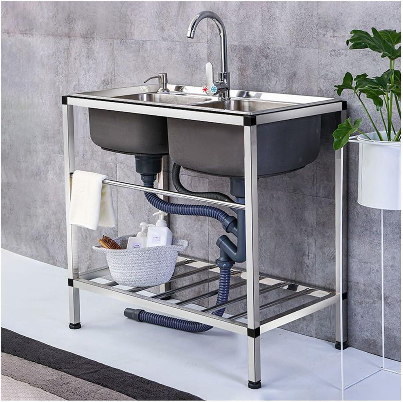 Edelstahl-Spülbecken mit Doppelbecken, freistehendes, gewerbliches Restaurant-Küchenspülbecken mit Kalt-Warmwasser-Wasserhahn
