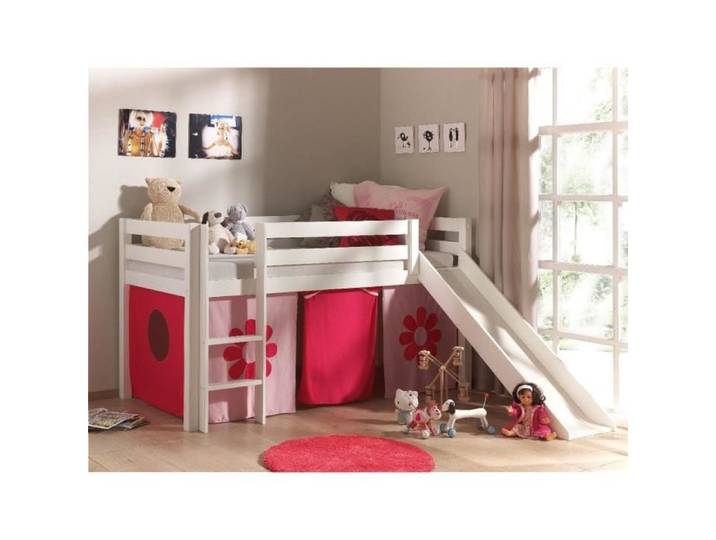 Lit enfant mezzanine toboggan PINO - Vipack - Blanc - Housse Pink Flower - Normes EN747-1&2