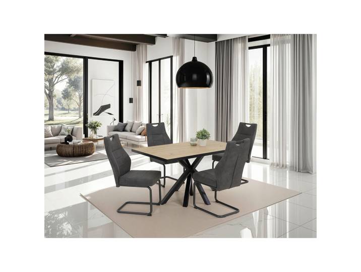 P & B Tischgruppe, Anthrazit, Eiche Artisan, Metall, Holzoptik, länglich, Rundrohr, C-Form, 140x76x90 cm, Esszimmer, Tische, Esstische