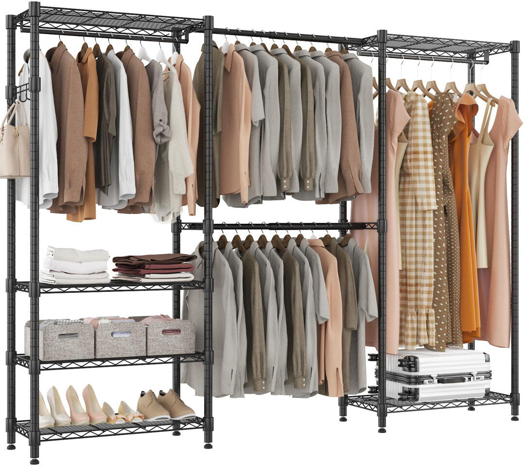 Rebrilliant Bendik Clothing Rack with 4 clothes rails and 6 height-adjustable shelves 1 hook Black