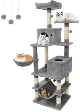 Costway 66 Inch Tall Cat Tree Multi-Level Cat Tower with 2 Condos Sisal Scratching Posts-Light Gray