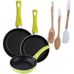 BERGNER - Set aus 3 Pfannen Ø20/Ø24/Ø28 cm gepresstes Aluminium Molen Grün Set 3 Utensilien aus Silikon und Holz