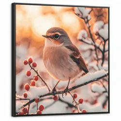 LEINWAND Bilder mit Rahmen - Vogel - Zweig - Winter - Tiere - Schnee - 90x90