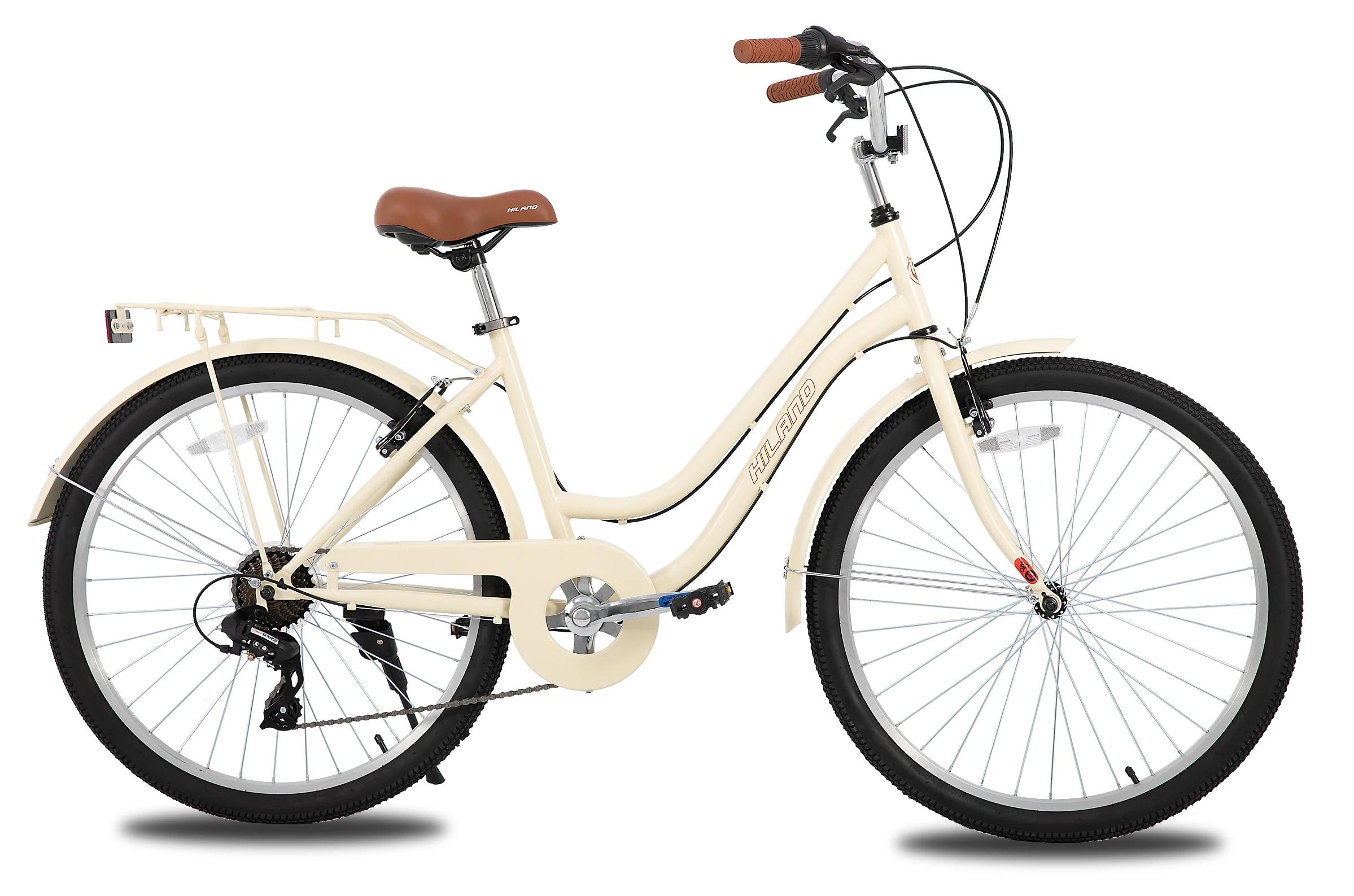 Beach Cruiser Fahrrad 66 cm - Citybike Damen & Herren - 7 Gang - Gepäckträger hinten - Rahmen Kohlenstoffstahl - V-Brake & Scheibenbremse - Beige