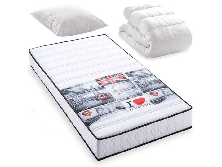 Pack Bridge Matelas 90x190 LONDON + couette + oreiller. 5 zones de confort. Épaisseur 15cm – Fabriqué en Belgique