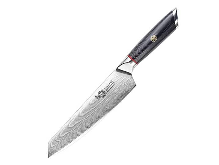 MITSUMOTO SAKARI 18 cm Kiritsuke Messer, AUS-10 Damaststahl Küchenmesser Handgeschmiedetes Japanisches Kochmesser, PakkaHolzgriff und Boutique-Holzkiste