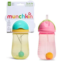 Munchkin, Kindergeschirr + Kinderbesteck, - 2pk Tip & Sip Straw Cup - Pink/Yellow - 296 ml +12m