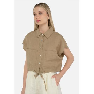 Klassische Bluse FRESHLIONS "Savannah", Damen, Gr. XL, braun, 100% Leinen, unifarben, normal, Blusen, mit lockerer Passform