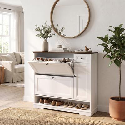 Orange Casual Entryway Shoe Storage Cabinet with Brown Top, Freestanding Shoe Organizer with Flip Drawers