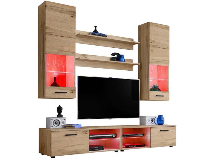 Komodee Wohnzimmerset Varallo, 6er-Set, Eiche Wotan, Front Eiche Wotan, LED Mehrfarbige, Eiche Wotan, Eiche Wotan, 8 Fächer, Rechteckig, 200x190x45 cm, Wohnzimmer, Wohnwände