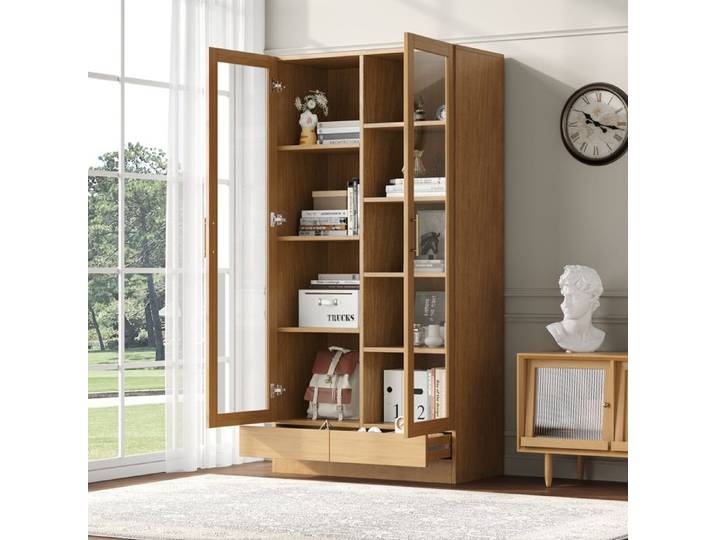 LPOSPI Vitrine bibliothèque vitrée armoire rangement bureau portes verre + tiroirs push-to-open MDF 160x40x80 cm bois