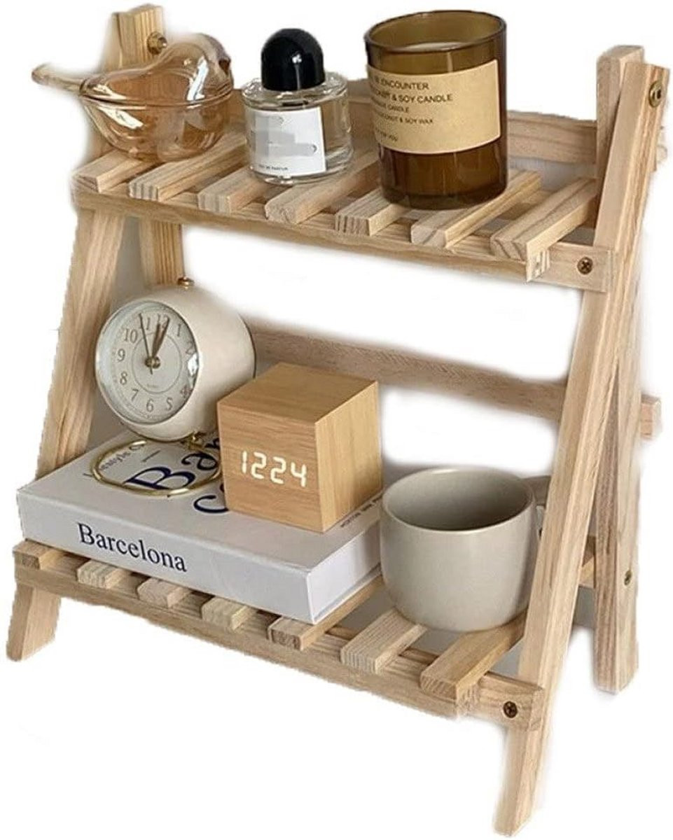 Houten Dubbellaags Opbergrek Bureau Organizer Opvouwbare Ladderplank