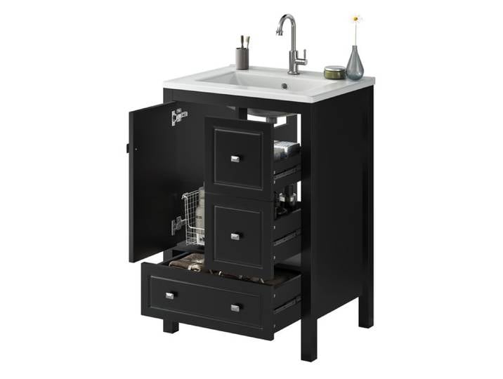 Meuble-lavabo indépendant vasque en céramique anti-fuites surface entièrement laquée 3 tiroirs glissières silencieuses 62×47×90 cm