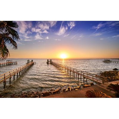 Fototapete PAPERMOON "HOLZ-BRÜCKE-TEXAS PIER STEG MEER SEE STRAND SONNE BUCHT", bunt, B:2,5m L:1,86m, Vlies, Tapeten