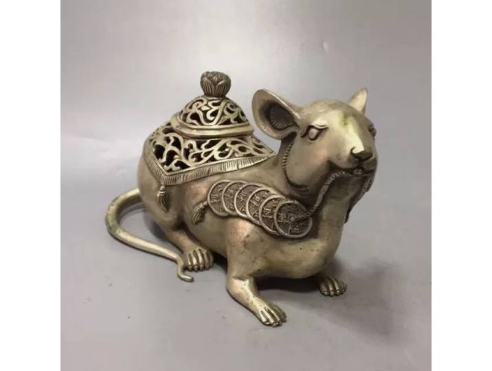 Collection de statues de souris sculptées en argent du Tibet chinois ancien, décoration