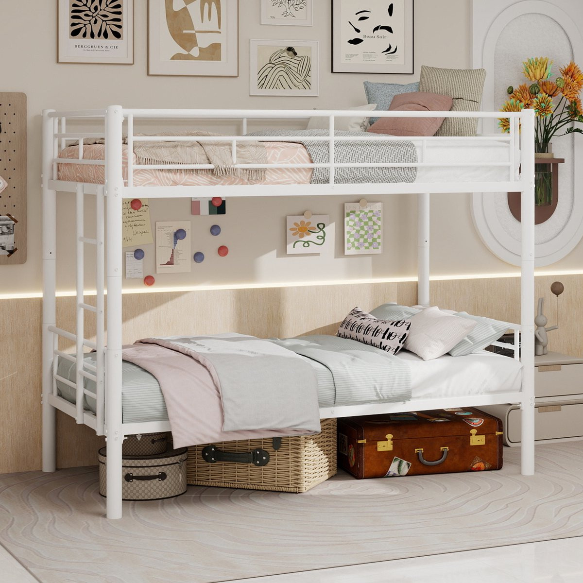 Metalen stapelbed voor kinderen met ladder en valbeveiliging - Wit