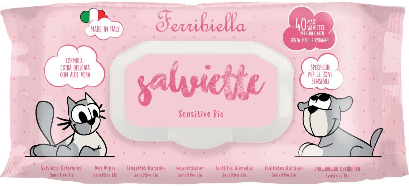 Ferribiella 1 CONFEZIONE da 40 pz Salviette Sensitive Biologiche per Cani e Gatti