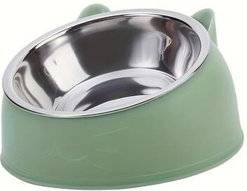 Perfect Picks Market Elevated Cat Bowl, Inclined Dish With Cute Ear Stand, Neck Protection For Cats green
