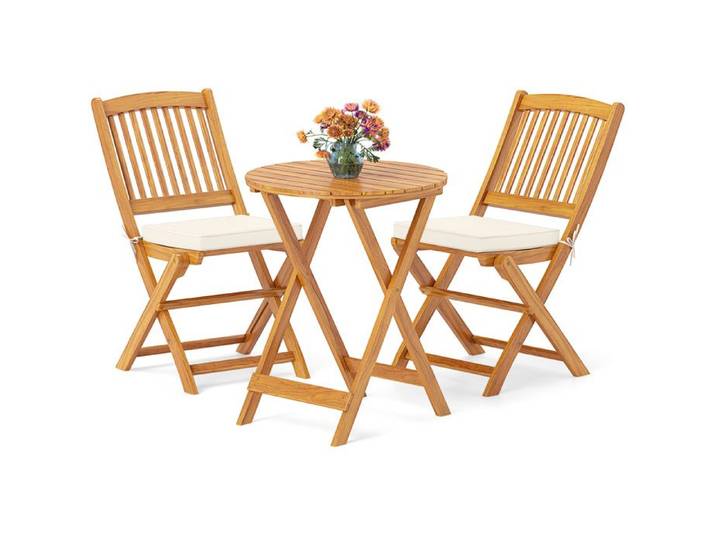 GIANTEX Ensemble Salon de Jardin 3 Pcs Pliable en Bois- 2 Chaises avec Coussins Amovibles et Table Basse de Jardin Rond- Beige