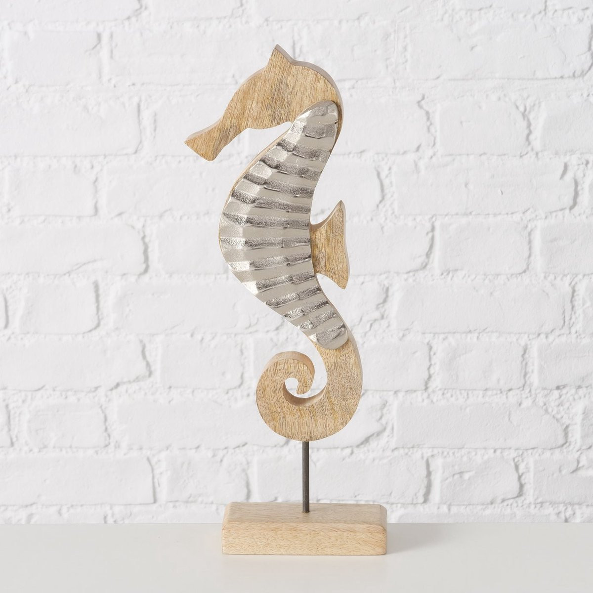 Boltze Maritiem Decoratie Zeepaard - Bruin en Zilver - Mangohout en Aluminium - Hoogte: 38 cm
