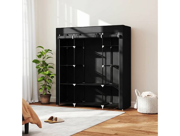HOMCOM Armoire Pliable Tissu Noir avec Barre et Étagères