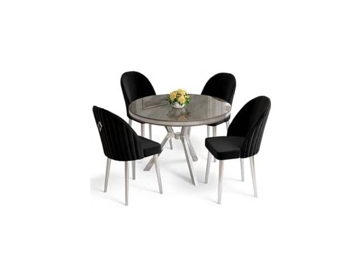 Hanah Home Modern 5-Piece Dining Table & Chairs Set, Anthracite & Chrome 100% Lacquer Panel, Metal Legs, Babyface Fabric Stylish & Durable