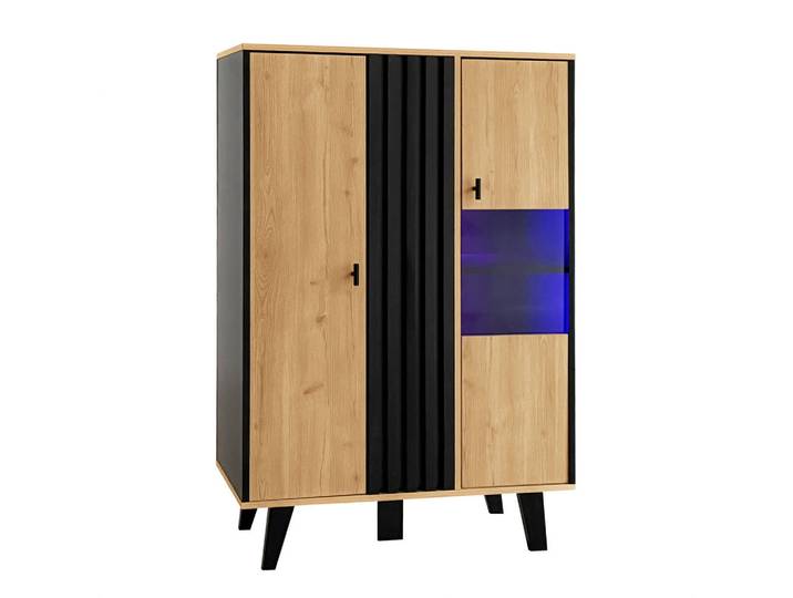 Flieks Sideboard, Vitrine mit Led, Glas, Holzoptik/Schwarz, Naturfarben, 40x120x80 cm, Kleinmöbel, Kommoden, Sideboards