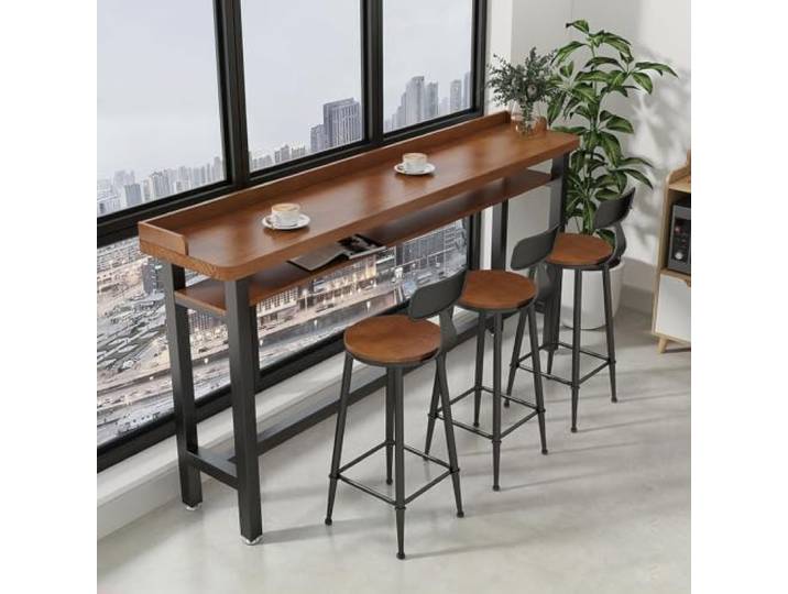 Massivholz Bartisch mit Metallrahmen, Stehtisch für Küche und Bar Schmaler Stehtisch mit Ablagefach, Bistro Tisch, ideal für Fensterbereich, Wohnung und Innenbereich