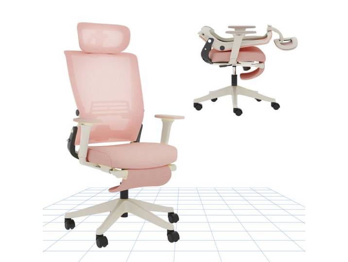 Flexispot Chaise de Bureau Ergonomique Chaise Pliante avec Support Lombaire Appui-Tête 2D Chaises avec Repose-Pieds Rose