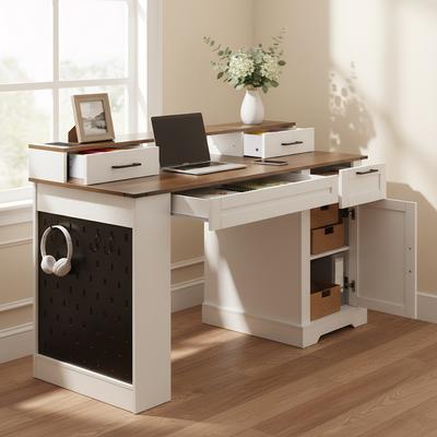 "55"" Farmhouse Office Desk with Storage Cabinet & Charging Station"