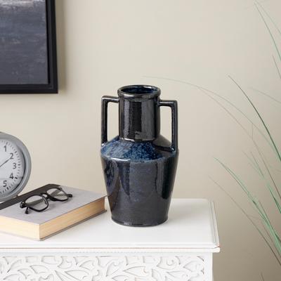 ARCILLA ELEMENTAL Dark Blue Ceramic Ombre Textured Decorative Vase with Rectangular Handles