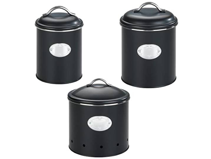 WENKO Lot de 3 boites de Conservation avec Couvercle\, Boîtes herméthiques pour Oignon\, Ail et Pomme de Terre\, De 3 Dimensions différentes\, en métal laqué Noir