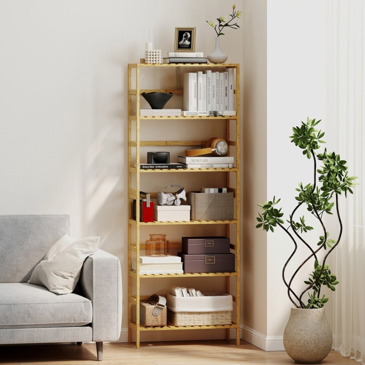 OKWISH Boekenkast met 6 Verstelbare Vakken – Bamboe – Naturel – Vrijstaand