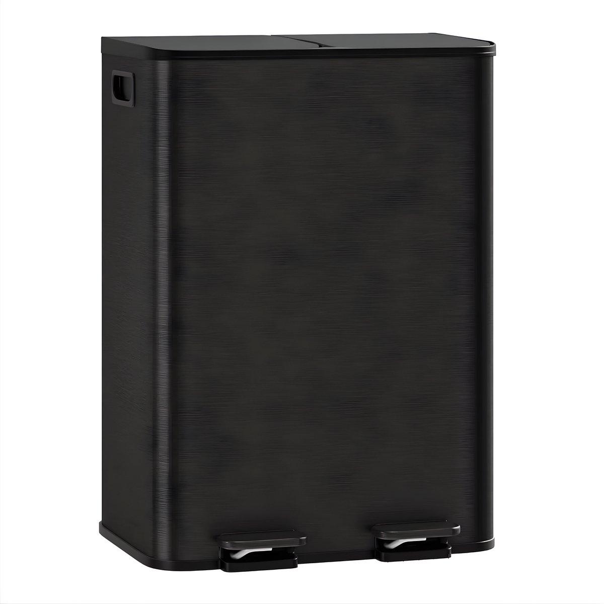 Doppelte Mülleimer 2x30L - Edelstahl Treteimer mit Pedal - 60L Abfalltrenner - Matt Schwarz - Soft-Close Küchen Abfalleimer