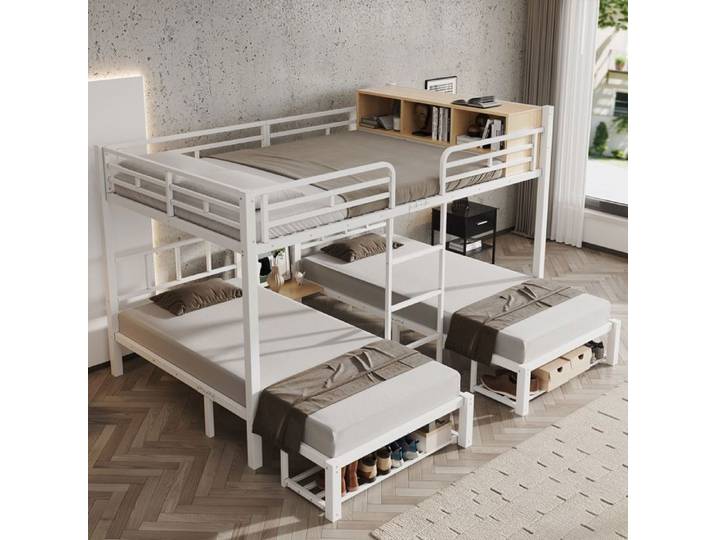 lits superposes enfants 3 places - Lit 2x90x200 cm et 140x200 cm - lits superposés métal avec rangement - blanc
