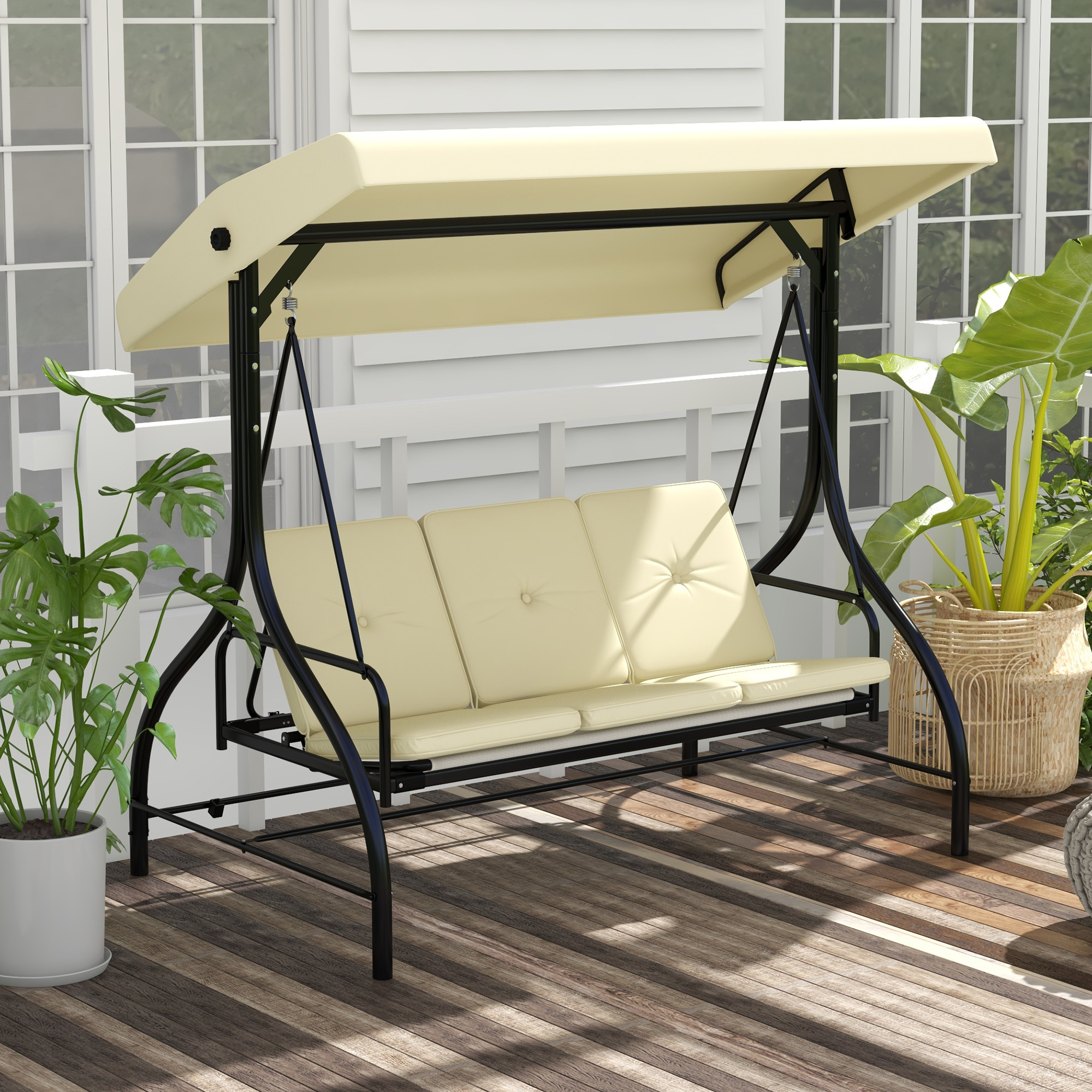 Outsunny Dondolo da Esterno 3 Posti con Tettuccio Regolabile in Teslin Anti-UV,Dondolo da Giardino Robusto in Metallo,Dondolo Letto Beige  Aosom Italy