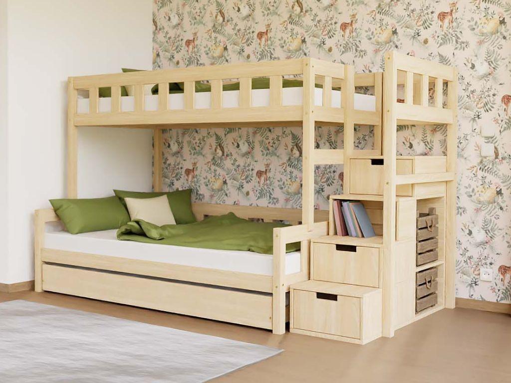 Etagenbett PLOTTY mit Treppe 90x200, 120x200 cm - Beige - Links - Doppelte Schublade