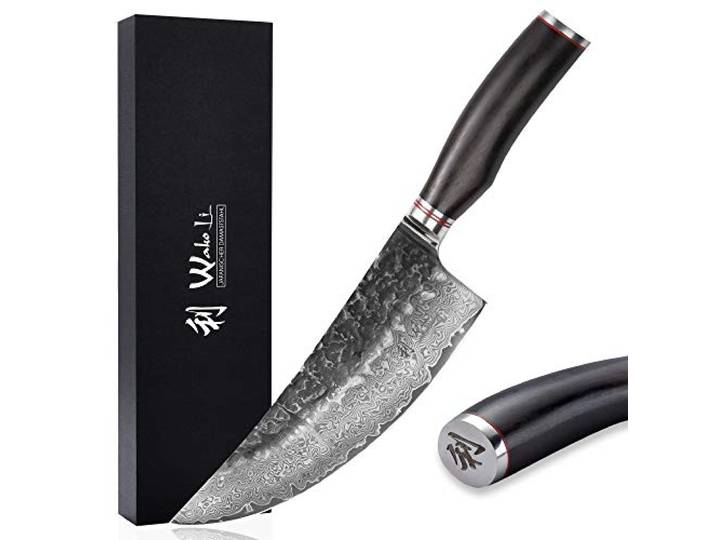 Wakoli EBO Kochmesser 20 cm, breite Klinge, 67 Lagen Damaststahl, VG10-Kern Hammerschlag, schwarzer Eichenholzgriff, V-Schliff mit 15° je Seite, 60 ± 2 HRC, für Rechts- und Linkshänder, mit Geschenkbox
