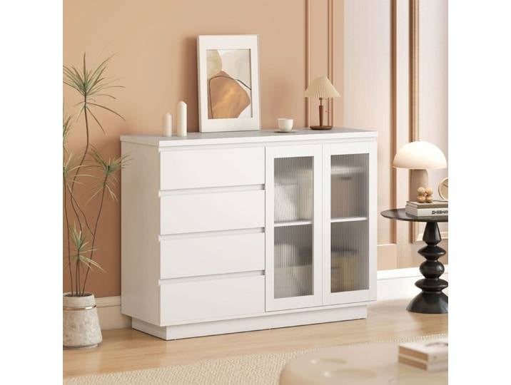 Bahut - Buffet MDF blanc - 4 tiroirs - 2 portes vitrées (verre cannelé) - Étagère réglable