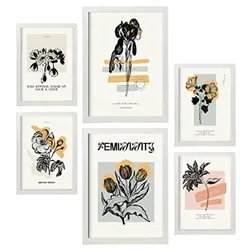 POSTER Set Mit 6 In Schwarzer Tinte Blumen Kunstdrucke Im Skizzenstil Für Innenarchitektur A3 & A4 Weißer Rahmen