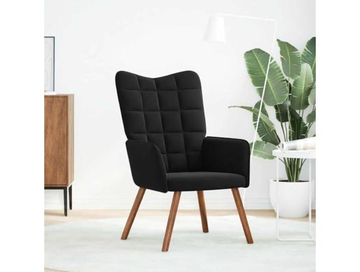 Samt-Relaxsessel Schwarz mit Holzfüßen Dick gepolsterter, stabiler Sperrholzrahmen und Metall, für Wohnzimmer, Schlafzimmer und Büro, elegantes Design
